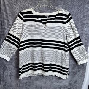 T by Talbots V Neck 3/4 Sleeve Womens Stripped Fringed Grandma Coastal Casual